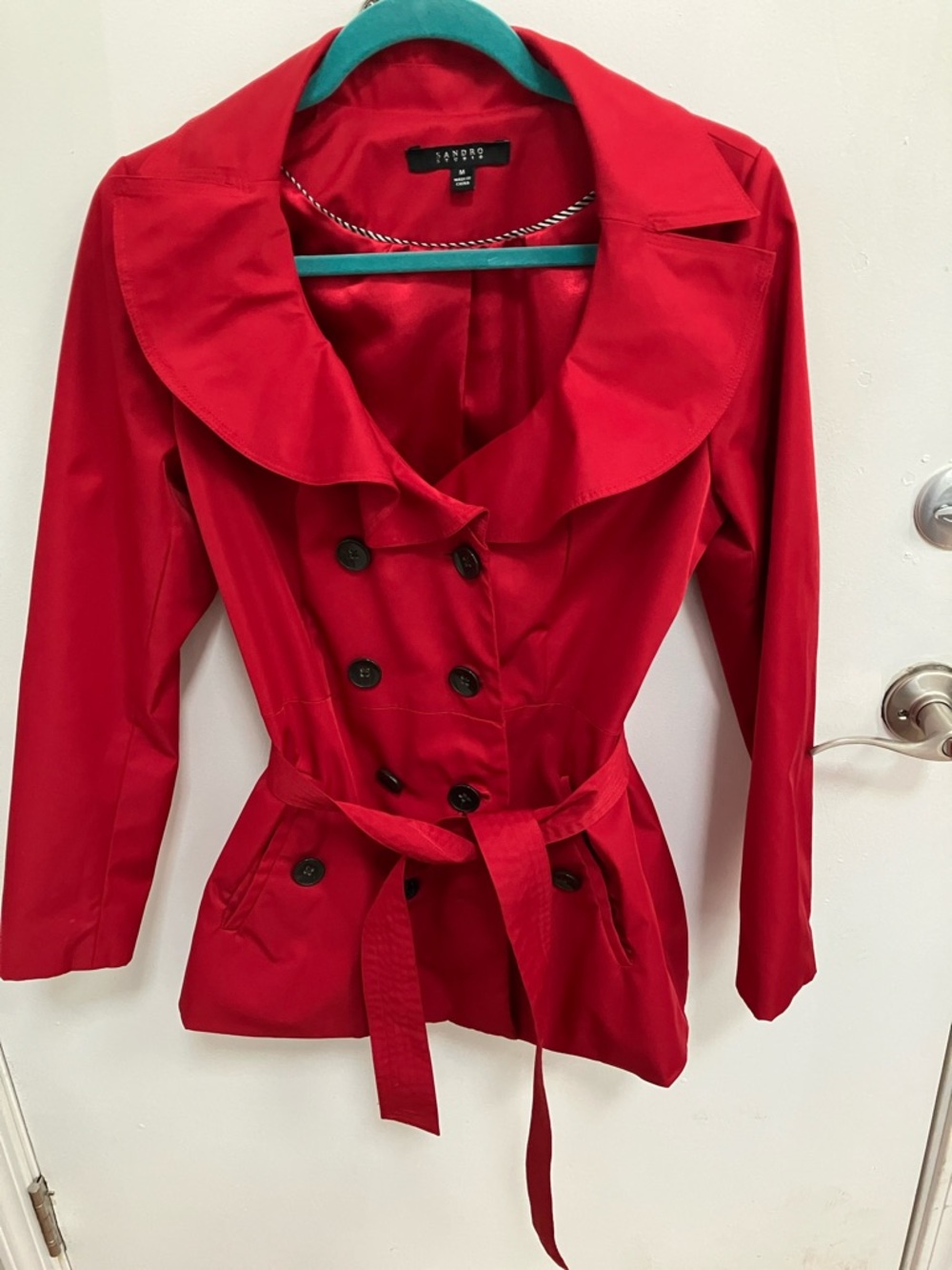 Sandro Vibrant Red Double-Breasted Trench Coat with Belt